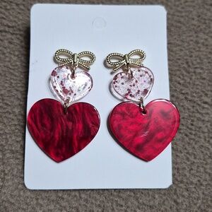 Cute Sparkly Double Red Heart Dangle Earrings with Bow Holiday